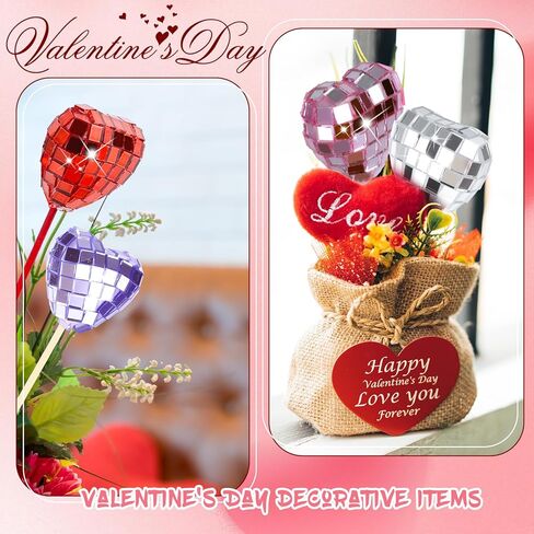 YLOLUL 24 Pcs Valentine's Day Heart Shaped Picks Valentine Glitter Foam Hearts Stems Heart Shaped Disco Balls Mirror Heart Disco Picks for Valentine Wedding Cake Vase Filler Party Supplies in Saudi Arabia