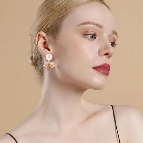 maloyanve 4 قطع القوس قلادة الأقراط سوار حلقة مجموعة للنساء أنيقة Bowknot - مزين اللؤلؤ والمجوهرات الحرير الشريط قلادة سوار وأقراط لهدايا عيد الميلاد in Kuwait