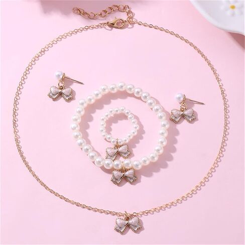 maloyanve 4 قطع القوس قلادة الأقراط سوار حلقة مجموعة للنساء أنيقة Bowknot - مزين اللؤلؤ والمجوهرات الحرير الشريط قلادة سوار وأقراط لهدايا عيد الميلاد in Kuwait