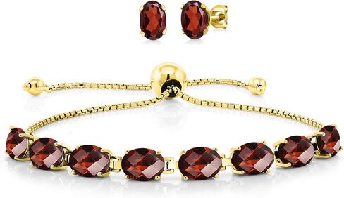 Gem Stone King 18K Yellow Gold Plated Silver Red Garnet Bracelet and Earrings Jewelry Set For Women | 10.00 Cttw | Gemstone January Birthstone | Oval Checkerboard 7X5MM | Fully Adjustable Up to 9 Inch in Saudi Arabia
