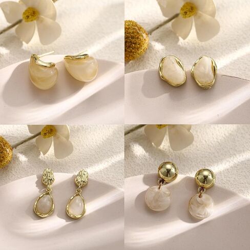 Gold Acrylic Teardrop Earrings Set for Women, 14K Gold Plated Brown Resin Tiger Eye Stud Earrings, Open Drop Chunky Hoops Translucent Hypoallergenic Vintage Fashion Jewelry Gifts in Saudi Arabia