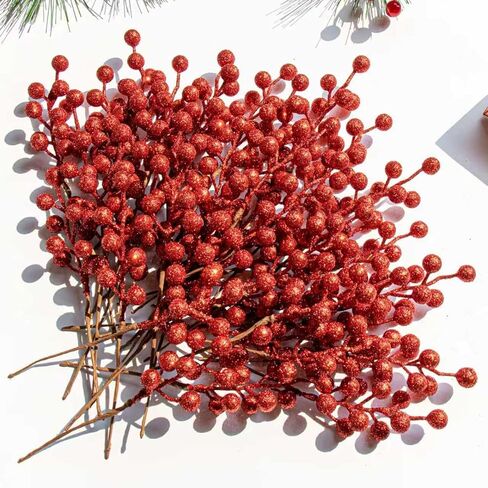 VioletEverGarden 32 Pack Glitter Christmas Picks 6.5 Inch Christmas Berry Stems Red Artificial Berry Stems for Holiday Xmas Tree Home Decorations in Saudi Arabia