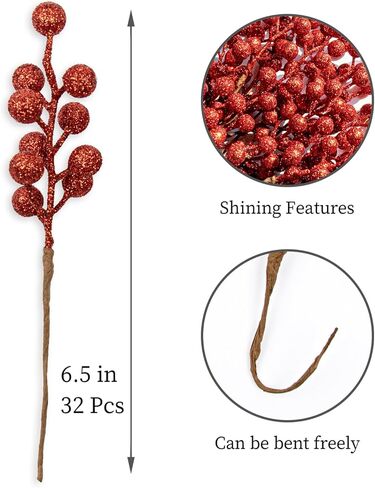 VioletEverGarden 32 Pack Glitter Christmas Picks 6.5 Inch Christmas Berry Stems Red Artificial Berry Stems for Holiday Xmas Tree Home Decorations in Saudi Arabia
