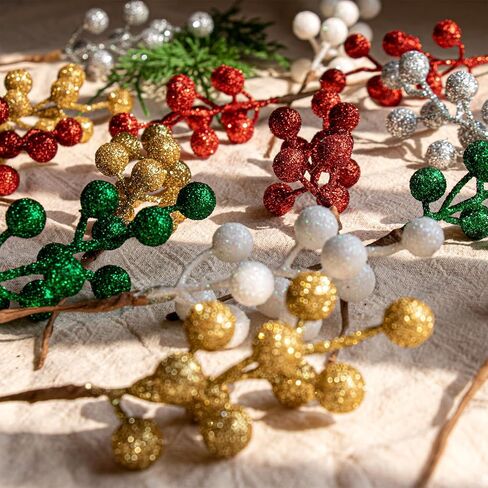 VioletEverGarden 32 Pack Glitter Christmas Picks 6.5 Inch Christmas Berry Stems Red Artificial Berry Stems for Holiday Xmas Tree Home Decorations in Saudi Arabia