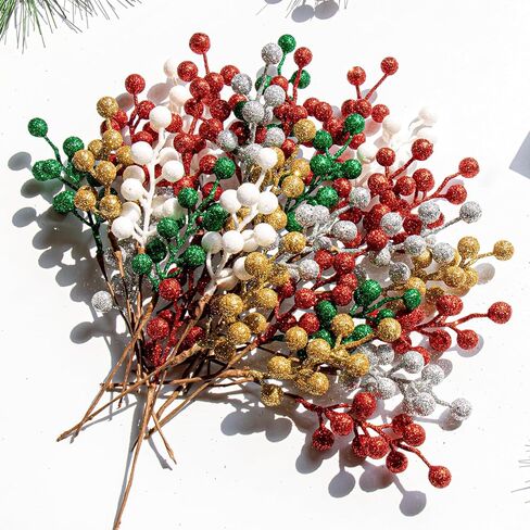 VioletEverGarden 32 Pack Glitter Christmas Picks 6.5 Inch Christmas Berry Stems Red Artificial Berry Stems for Holiday Xmas Tree Home Decorations in Saudi Arabia