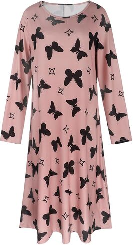 Women's Long-Sleeved Nightgown: Pink Base With Black Butterfly & Star Print, Round Neck, Soft Fabric, Loungewear in Saudi Arabia