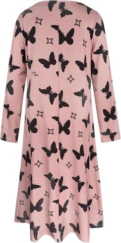 Women's Long-Sleeved Nightgown: Pink Base With Black Butterfly & Star Print, Round Neck, Soft Fabric, Loungewear in Saudi Arabia