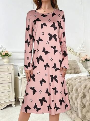 Women's Long-Sleeved Nightgown: Pink Base With Black Butterfly & Star Print, Round Neck, Soft Fabric, Loungewear in Saudi Arabia