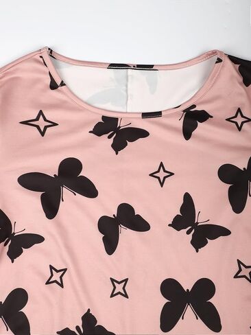Women's Long-Sleeved Nightgown: Pink Base With Black Butterfly & Star Print, Round Neck, Soft Fabric, Loungewear in Saudi Arabia