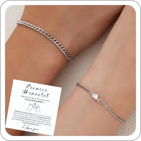 Couples Bracelets Bracelet Matching Bracelets for Couples Boyfriend Gifts Relationship Jewelry Best Friend Accessorie Gold and Silver Cuban Stainless Steel Chain Cute Heart Cubic Zirconia Bracelet in Saudi Arabia