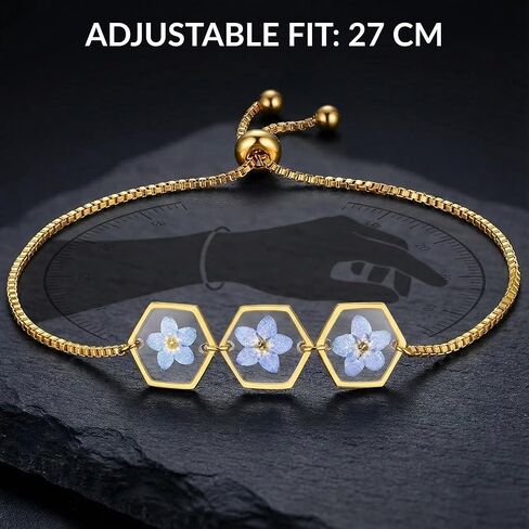 Solza Pressed Flower Bracelet for Women – 316 Stainless Steel Chain with Real Dried Flowers, Adjustable Non-Tarnish Jewelry Bracelet, Durable Gold-Tone Design for Everyday and Special Occasions in Saudi Arabia