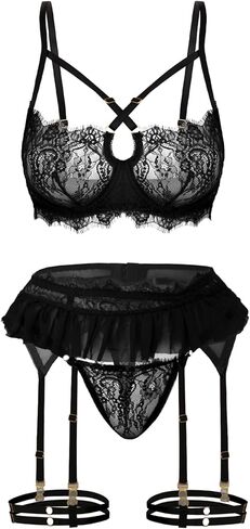 Parthenope Sexy Lingerie for Women 3 Piece Garter Lingerie Floral Lace Bra and Panty Lingerie Set with Underwire Black in Saudi Arabia