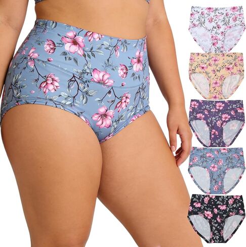 Women's Plus Size XL-5XL Underwear High Waist Briefs Panties Rose Floral Print Ladies Undies 5-Pack in Saudi Arabia