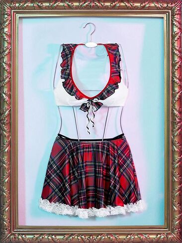 Sexy Lingerie Sets for Women, Plaid Ruffle Crop Top and Lace Trim Mini Skirt, Schoolgirl Style Intimate Outfit in Saudi Arabia