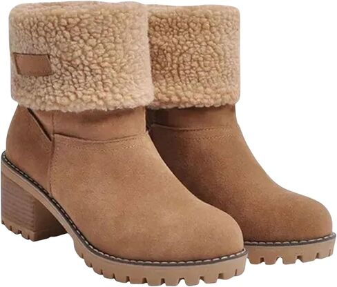 Womens Winter Boots with Fur Lined Chunky Heel Ankle Booties Warm Slip On Snow Boots Casual Waterproof Suede Shoes in Saudi Arabia