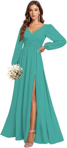 فساتين وصيفة العروس بأكمام طويلة من SNOWROSE للنساء ورقبة على شكل V وطيات على شكل حرف A من الشيفون لحفلات الزفاف مع فتحة in Kuwait