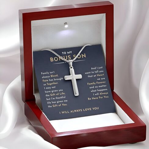 To My Bonus Son Necklace Chain, Stepson Gift Necklace, Bonus Son Necklace Gift, Bonus Son Personalized Cross Necklace, Bonus Son Necklace From Stepmom And Stepdad, Christmas Graduation Birthday Gift For Stepson (Luxury Box w/ LED, Bonus Son1) in Saudi Arabia