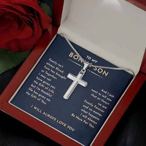 To My Bonus Son Necklace Chain, Stepson Gift Necklace, Bonus Son Necklace Gift, Bonus Son Personalized Cross Necklace, Bonus Son Necklace From Stepmom And Stepdad, Christmas Graduation Birthday Gift For Stepson (Luxury Box w/ LED, Bonus Son1) in Saudi Arabia