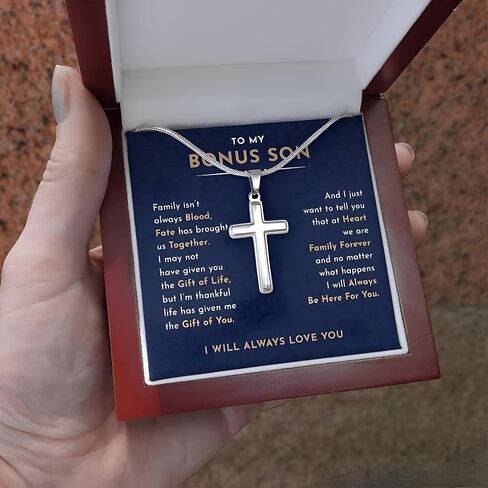 To My Bonus Son Necklace Chain, Stepson Gift Necklace, Bonus Son Necklace Gift, Bonus Son Personalized Cross Necklace, Bonus Son Necklace From Stepmom And Stepdad, Christmas Graduation Birthday Gift For Stepson (Luxury Box w/ LED, Bonus Son1) in Saudi Arabia