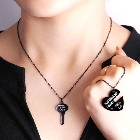 Minimalist Key and Heart Necklace Set for Couples | Black Stainless Steel Matching Blank Pendants | Simple Romantic Jewelry Gift with Birthstones in Saudi Arabia