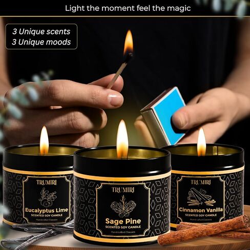 Candle Gift Set Of 3 Sage Pine|Cinnamon Vanilla|Eucalyptus Lime Highly Scented Soy Candels Clean Non Toxic Velas Aromáticas Favors For Women Coworkers Friends Guests Also For Diwali Christmas Holidays in Saudi Arabia