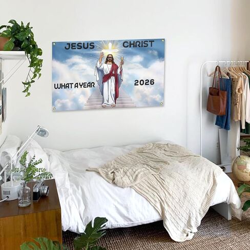 Happy New Year 2026 Tapestry Jesus Christ 2026 What A Year! Tapestry 3x5 Ft Large New Year Ornaments Prayer Room Inspiration Religious Wall Decor Church Holiday Bedroom Living Room Dorm Office Faith and Future Hope Decorations in Saudi Arabia