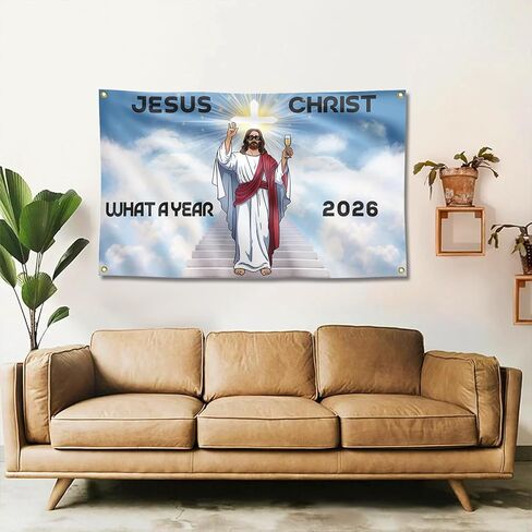 Happy New Year 2026 Tapestry Jesus Christ 2026 What A Year! Tapestry 3x5 Ft Large New Year Ornaments Prayer Room Inspiration Religious Wall Decor Church Holiday Bedroom Living Room Dorm Office Faith and Future Hope Decorations in Saudi Arabia