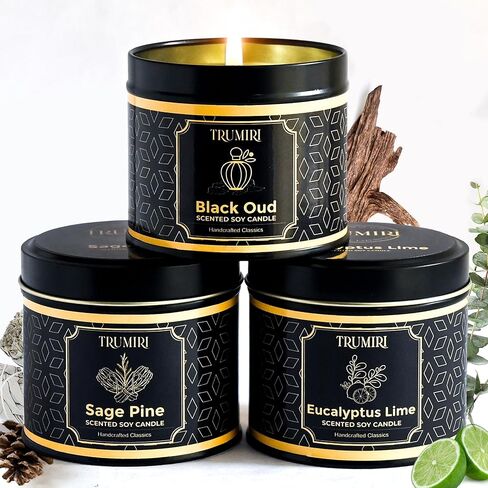 Candle Gift Set Of 3 Sage Pine|Cinnamon Vanilla|Eucalyptus Lime Highly Scented Soy Candels Clean Non Toxic Velas Aromáticas Favors For Women Coworkers Friends Guests Also For Diwali Christmas Holidays in Saudi Arabia