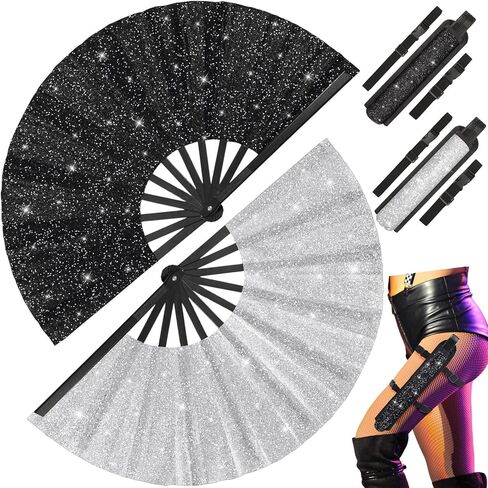 Weysat 2 Sets Large Folding Fans for Line Dancing Boots on the Ground Fans with Fan Holster for Women Men Glitter Fan with Leg Strap and Fabric Case Bag for EDM Music Festival (Black and Silver) in Saudi Arabia