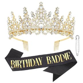 CURASA Silver Birthday Crown Adult Woman & Glitter Black Gothic Black Birthday Baddie Sash Princess Tiara for Party Decorations Celebrations in Saudi Arabia