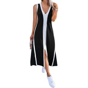 CHICME Women's Sleeveless V Neck Color Block Dress with Slit Casual Summer Midi Dresses in Kuwait