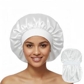 White Silk Bonnet for Women Curly Hair Cover Satin Bonnets for Sleeping Large Satin Sleep Cap Head Cover Wide Band Silk Night Hats in Kuwait