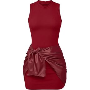 MakeMeChic Women's Leather Dress Sleeveless Bodycon Mini Tank Dresses with Ruched Wrap Tie Cover Up Skirts in Kuwait