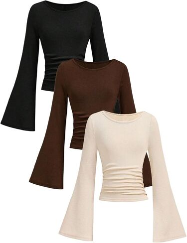 SOLY HUX Girl's Cropped T Shirts 3 Packs Long Sleeve Basic Tees Boat Neck Ribbed Fitted Tshirt Fall Tops in Saudi Arabia