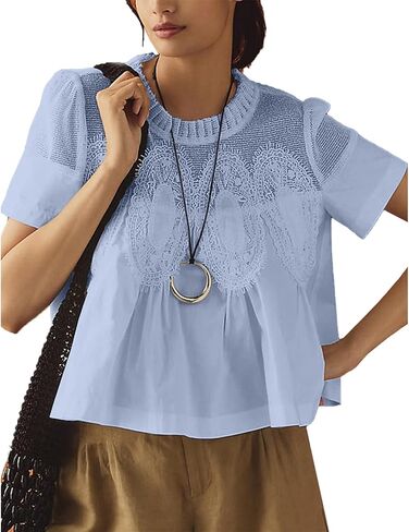 قمصان بيبي دول نسائية بأكمام قصيرة وبلوزات مزينة بالدانتيل وقمصان شبكية شفافة ذات ثنيات متوهجة in Kuwait