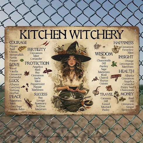 Kitchen Witch Herbguide_1 لوحة فنية جدارية من الألومنيوم الريفي وعلامة معدنية من القصدير - ديكور داخلي خارجي عتيق مقاس 8x12 بوصة للمنزل والمكتب والمقهى والفناء والحديقة والمزرعة in Saudi Arabia