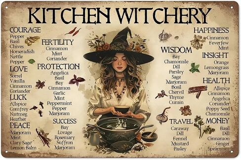Kitchen Witch Herbguide_1 لوحة فنية جدارية من الألومنيوم الريفي وعلامة معدنية من القصدير - ديكور داخلي خارجي عتيق مقاس 8x12 بوصة للمنزل والمكتب والمقهى والفناء والحديقة والمزرعة in Saudi Arabia