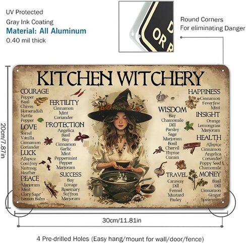 Kitchen Witch Herbguide_1 لوحة فنية جدارية من الألومنيوم الريفي وعلامة معدنية من القصدير - ديكور داخلي خارجي عتيق مقاس 8x12 بوصة للمنزل والمكتب والمقهى والفناء والحديقة والمزرعة in Saudi Arabia