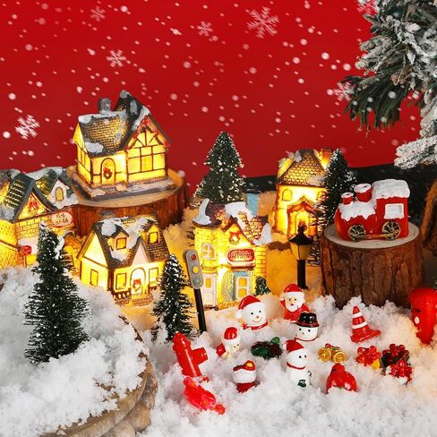Liliful 46 Pcs Christmas Village House Sets Xmas Scene Figurines Decoration Lighted LED Christmas Village Resin Figurines Collectable Xmas Tree Scene Desktop Ornament for Holiday Party Decor (Rustic) in Saudi Arabia