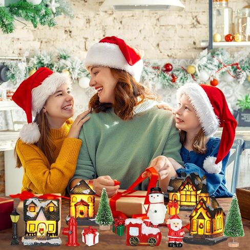Liliful 46 Pcs Christmas Village House Sets Xmas Scene Figurines Decoration Lighted LED Christmas Village Resin Figurines Collectable Xmas Tree Scene Desktop Ornament for Holiday Party Decor (Rustic) in Saudi Arabia