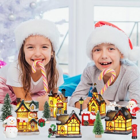 Liliful 46 Pcs Christmas Village House Sets Xmas Scene Figurines Decoration Lighted LED Christmas Village Resin Figurines Collectable Xmas Tree Scene Desktop Ornament for Holiday Party Decor (Rustic) in Saudi Arabia