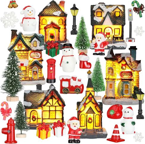 Liliful 46 Pcs Christmas Village House Sets Xmas Scene Figurines Decoration Lighted LED Christmas Village Resin Figurines Collectable Xmas Tree Scene Desktop Ornament for Holiday Party Decor (Rustic) in Saudi Arabia