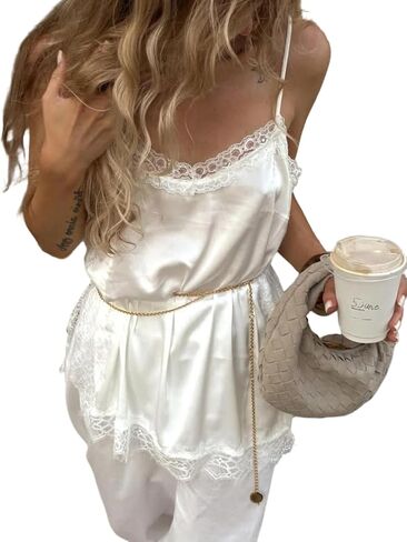 Women Satin Lace Camisole Sexy Silk Spaghetti Strap Tank Top Lace Patchwork Loose Cami Top Y2k Streetwear in Saudi Arabia