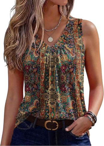 Zeagoo Womens Tank Tops Summer Sleeveless Loose Fit Tops V Neck Pleated Shirts Basic Tees Dressy Casual Trendy Clothes in Saudi Arabia