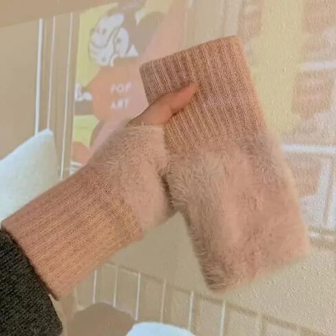 Stylish fingerless gloves, suitable for women, soft and warm, comfortable for winter, solid color plush knit gloves. in Saudi Arabia