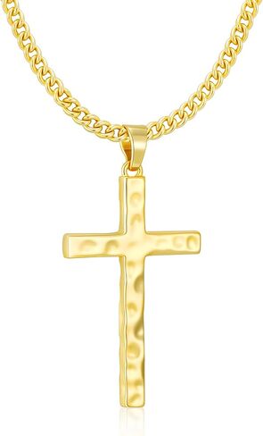 Cross Necklace for Men Boys - Hammered Cross Pendant with Cuban Chain Unique Crucifix Necklaces Christmas Christian Religious Jewelry Gifts 22+2 Inches in Saudi Arabia