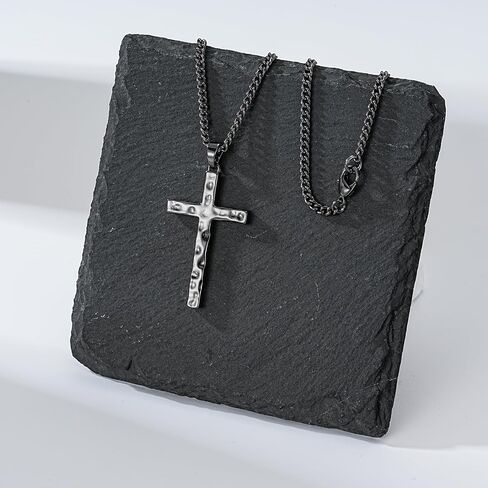 Cross Necklace for Men Boys - Hammered Cross Pendant with Cuban Chain Unique Crucifix Necklaces Christmas Christian Religious Jewelry Gifts 22+2 Inches in Saudi Arabia