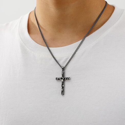Cross Necklace for Men Boys - Hammered Cross Pendant with Cuban Chain Unique Crucifix Necklaces Christmas Christian Religious Jewelry Gifts 22+2 Inches in Saudi Arabia