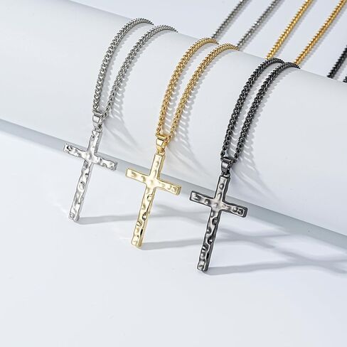 Cross Necklace for Men Boys - Hammered Cross Pendant with Cuban Chain Unique Crucifix Necklaces Christmas Christian Religious Jewelry Gifts 22+2 Inches in Saudi Arabia