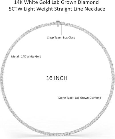 Diamond2Deal 14K White Gold Lab-Grown Diamond Tennis Straight Line Necklace 16 inch (10 Carat, E-F Color, VS1 Clarity) in Saudi Arabia